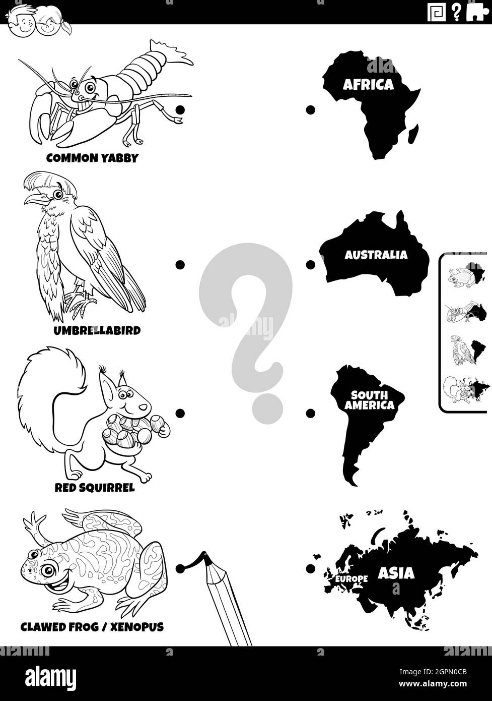 Match Animals And Continents Game Coloring Book Page Stock Vector Image Art Alamy