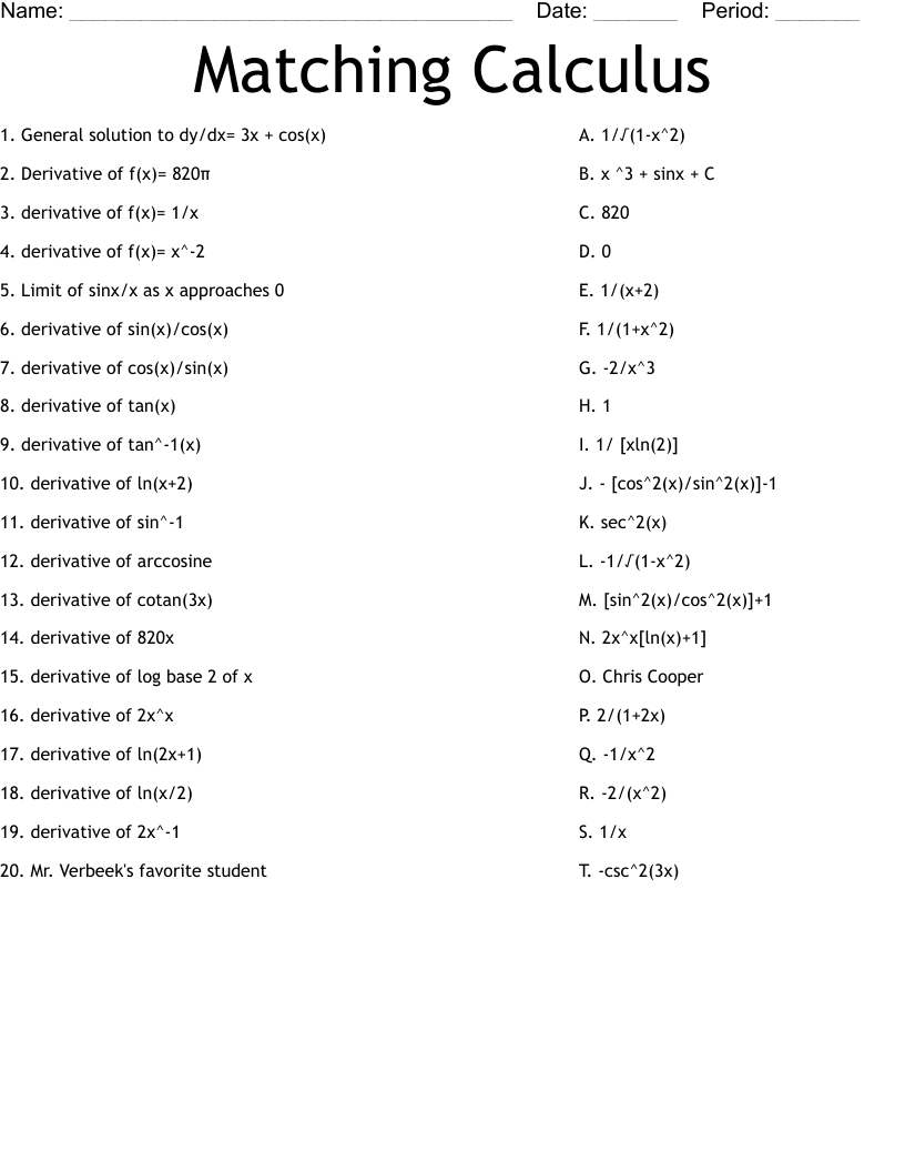Matching Calculus Worksheet WordMint