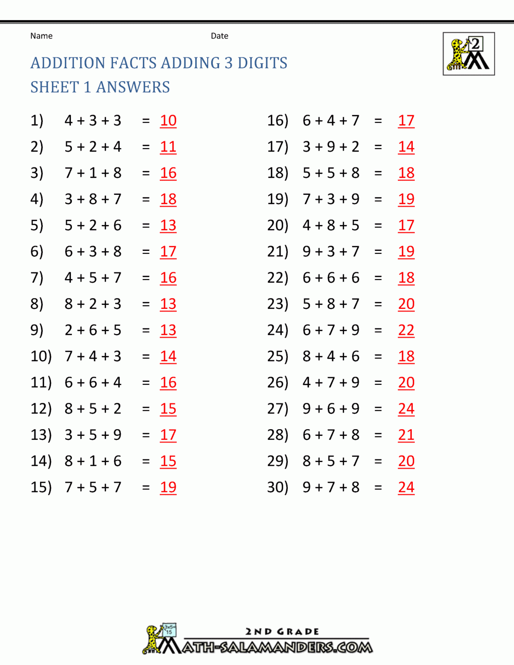 Math Addition Facts To 20