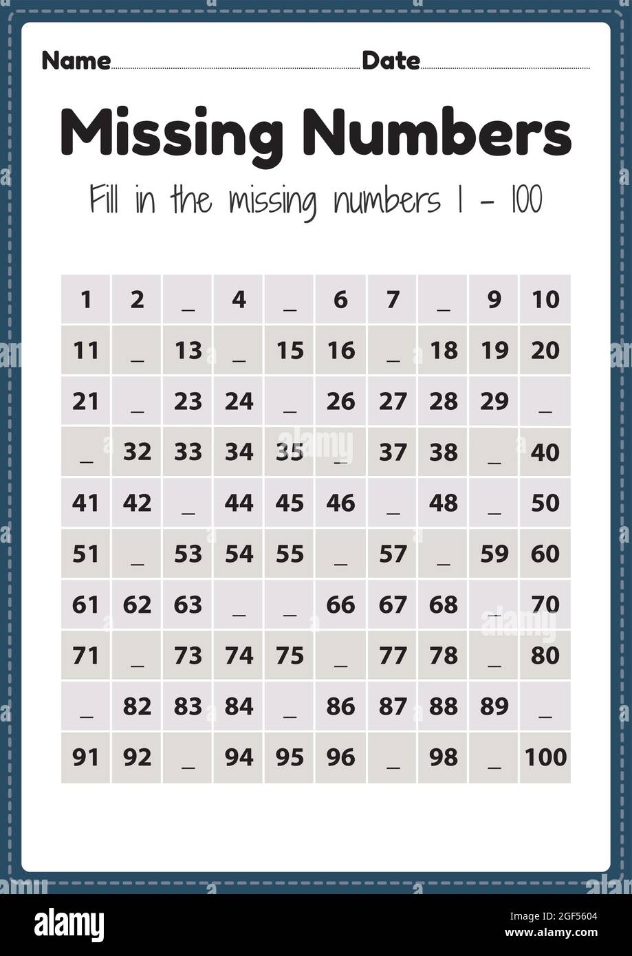 Maths Worksheet For Nursery Missing Numbers 1 To 100 Printable Sheet For Preschool And Kindergarten Kids Activity To Learn Basic Mathematics Skills Stock Vector Image Art Alamy Maths Worksheet For Nursery Missing Numbers 1 To 100 Printable Sheet For Preschool And Kindergarten Kids Activity To Learn Basic Mathematics Skills Stock Vector Image Art Alamy
