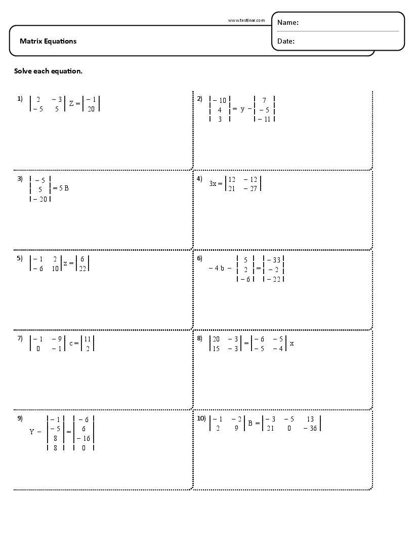 Matrix Equations Worksheets