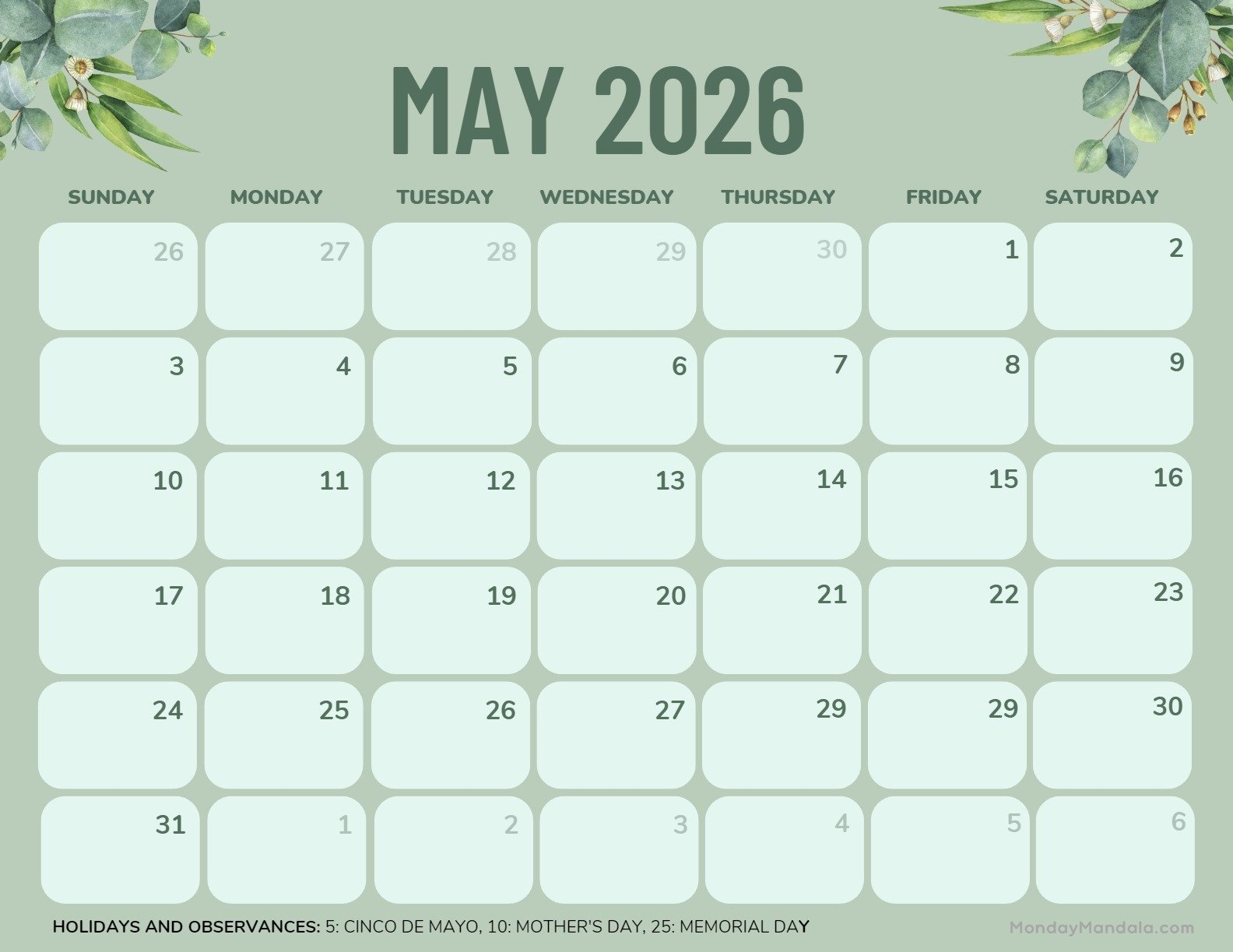 May 2026 Calendar Printable With Holidays