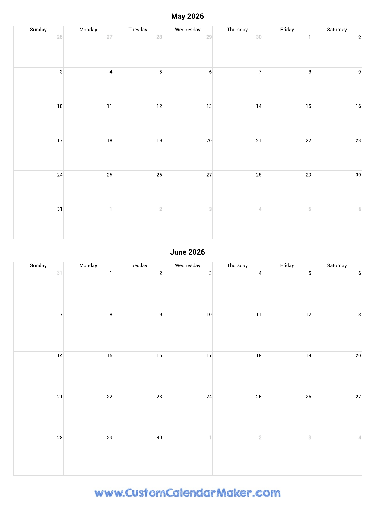 May And June 2026 Calendar Custom Calendar Maker