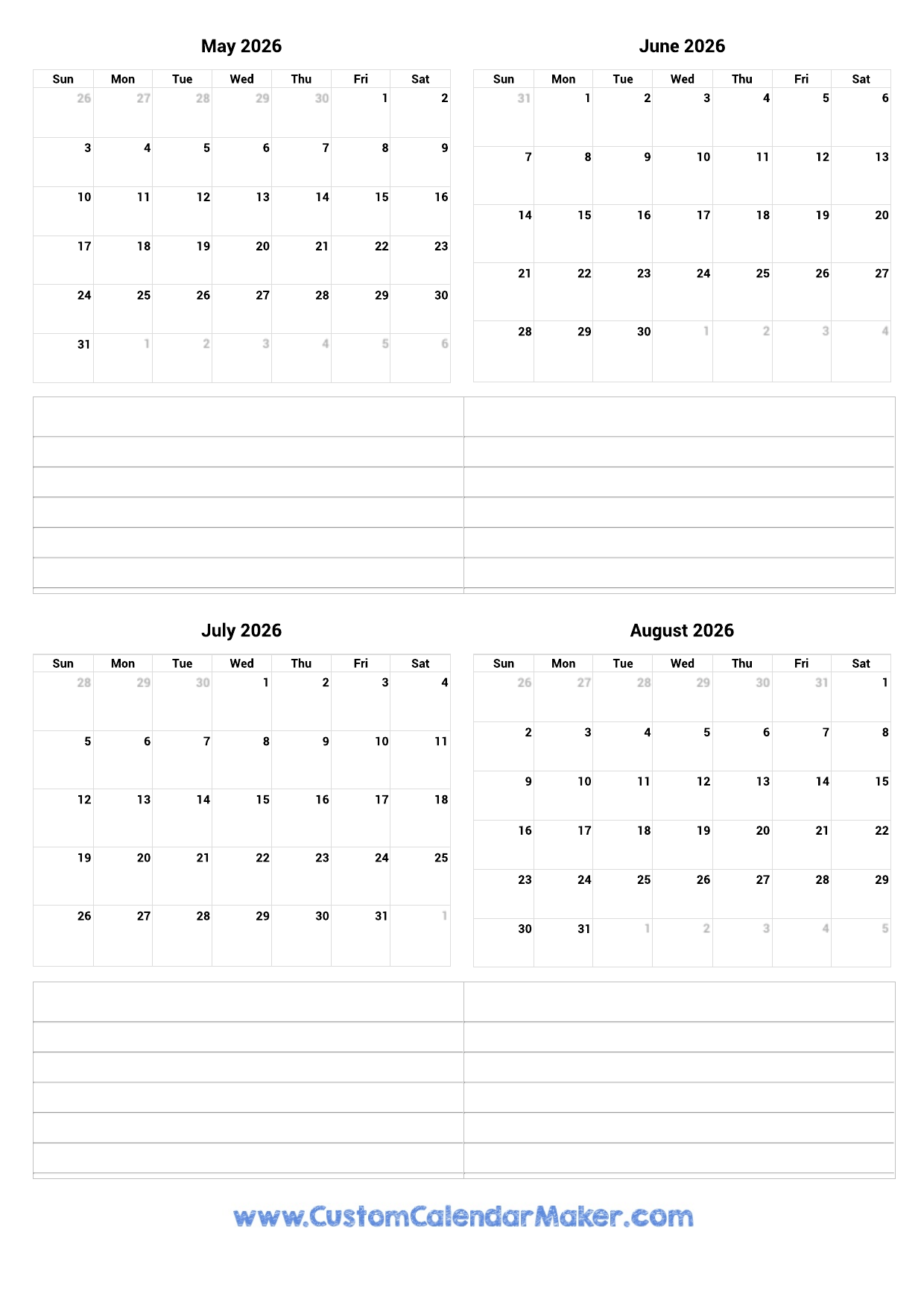 May To August 2026 Printable Calendar Custom Calendar Maker