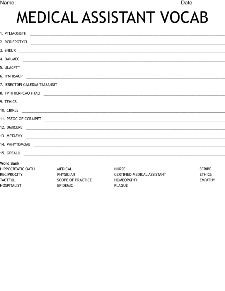MEDICAL ASSISTANT VOCAB Word Scramble WordMint