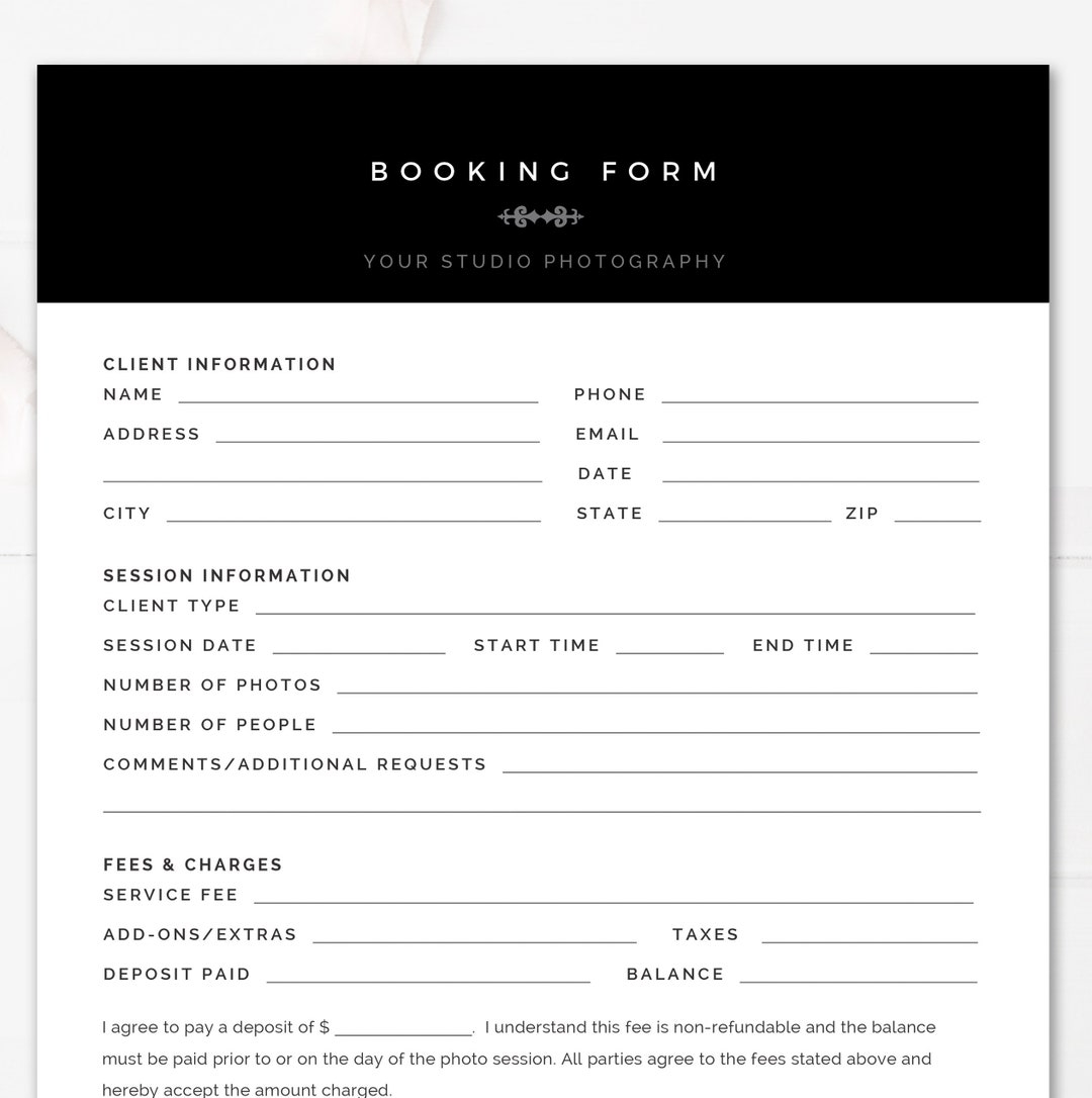 Modern Black U0026 White Booking Form Template Printable Photography Booking Form For Photoshop And MS Word INSTANT DOWNLOAD Etsy
