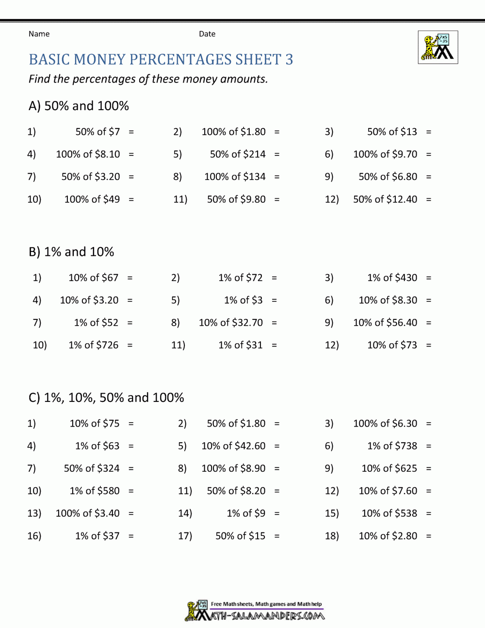 Money Percentage Worksheets