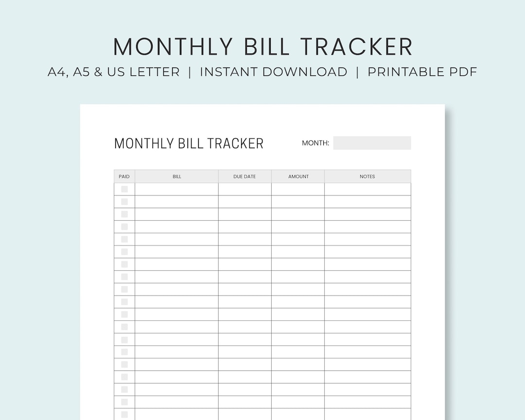 Monthly Bill Payment Tracker Printable Bill Pay Checklist Organizer Bill Log Planner Instant Download Etsy