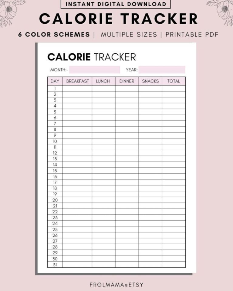 Monthly Calorie Tracker Printable A4 A5 US Letter PDF Download Etsy