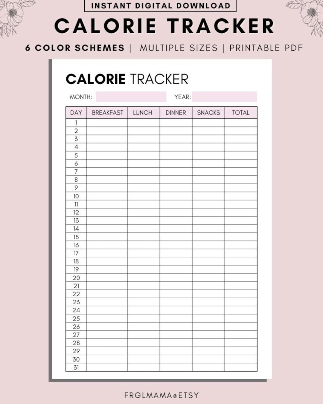 Monthly Calorie Tracker Printable A4 A5 US Letter PDF Download Etsy