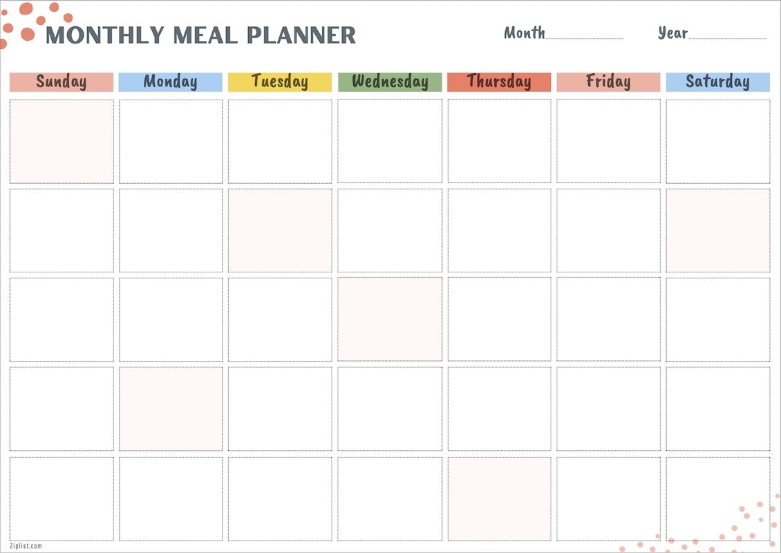 Monthly Meal Calendar Printable
