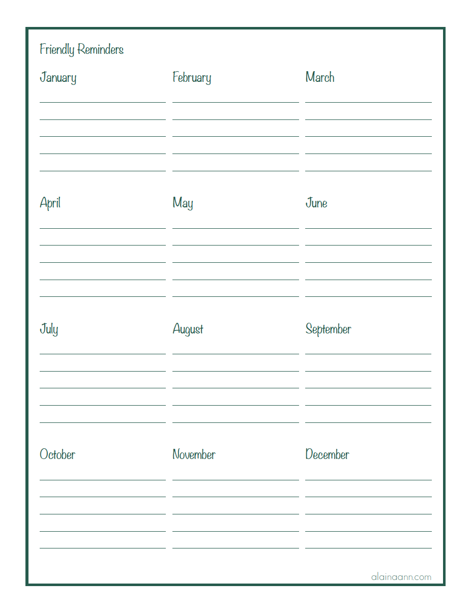 Monthly Reminders Printable Alaina Ann