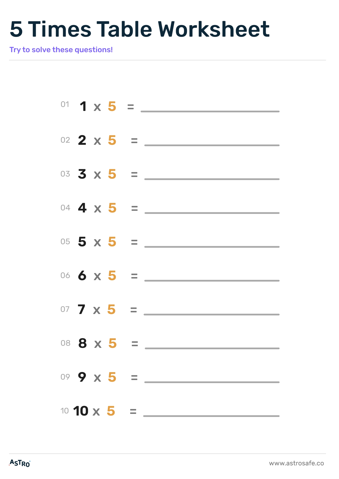 Free Printable 5 Times Tables Worksheets