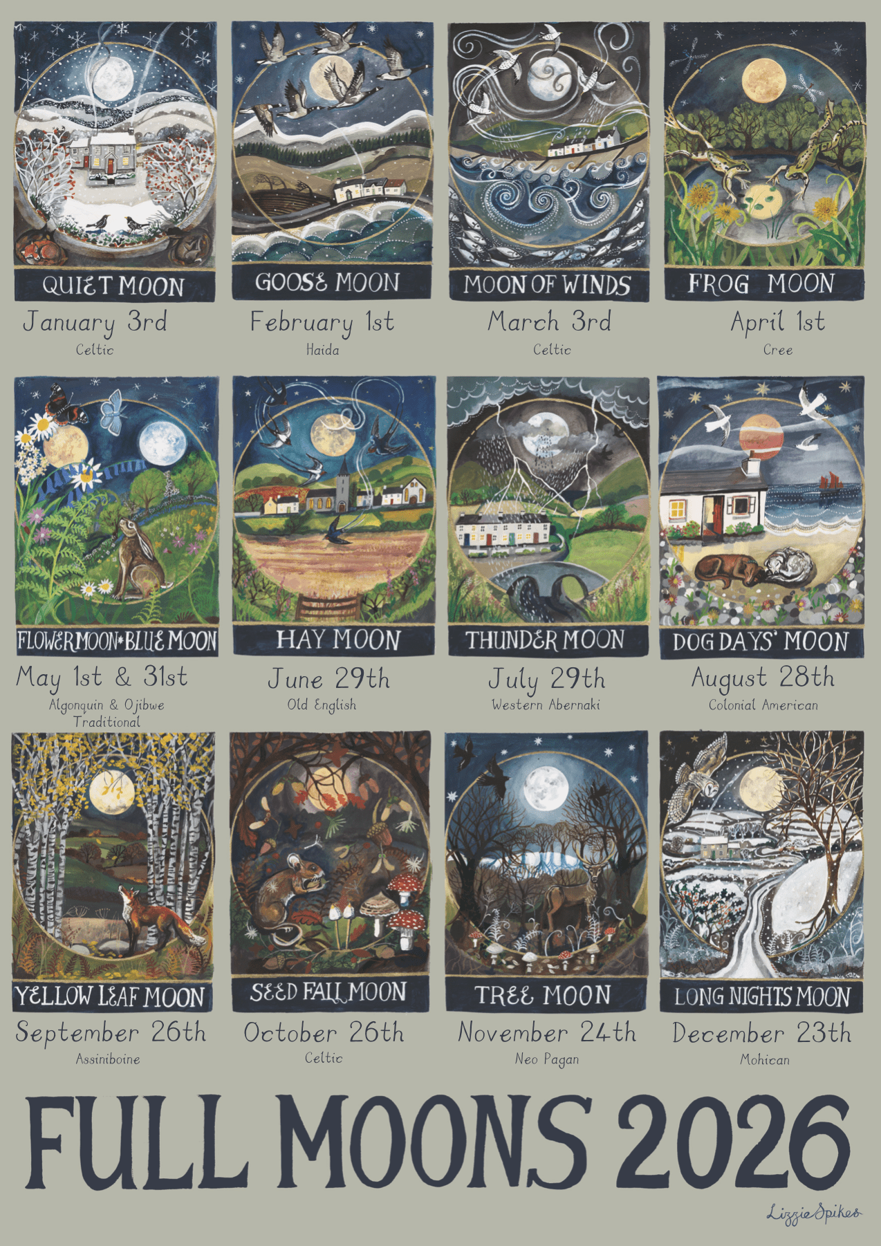 N American Dates Full Moons 2026 Poster Print Driftwood Designs