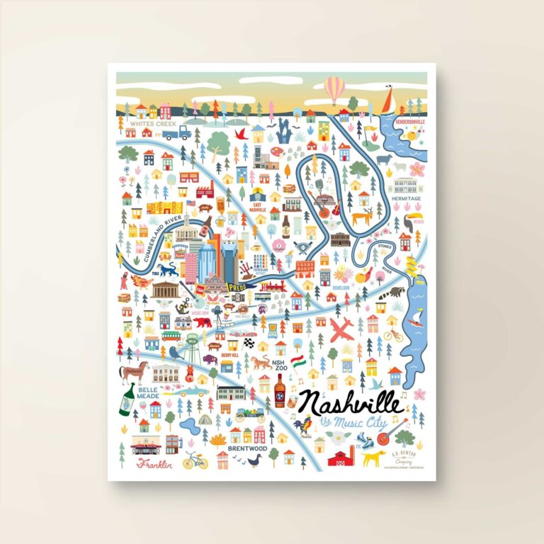 NASHVILLE TN Map Art Wall Decor City Map Nashville Tennessee Art Print Poster Whimsical Illustration Day Version Etsy