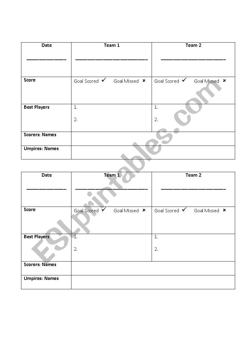 Netball Scoresheet ESL Worksheet By Apsnome Netball Scoresheet ESL Worksheet By Apsnome