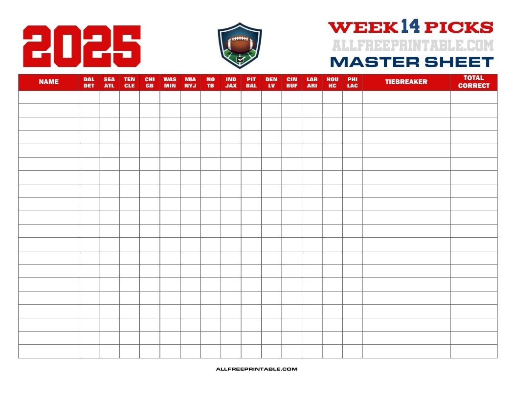 NFL Week 14 Pick em Master Sheet 2025 Free Printable