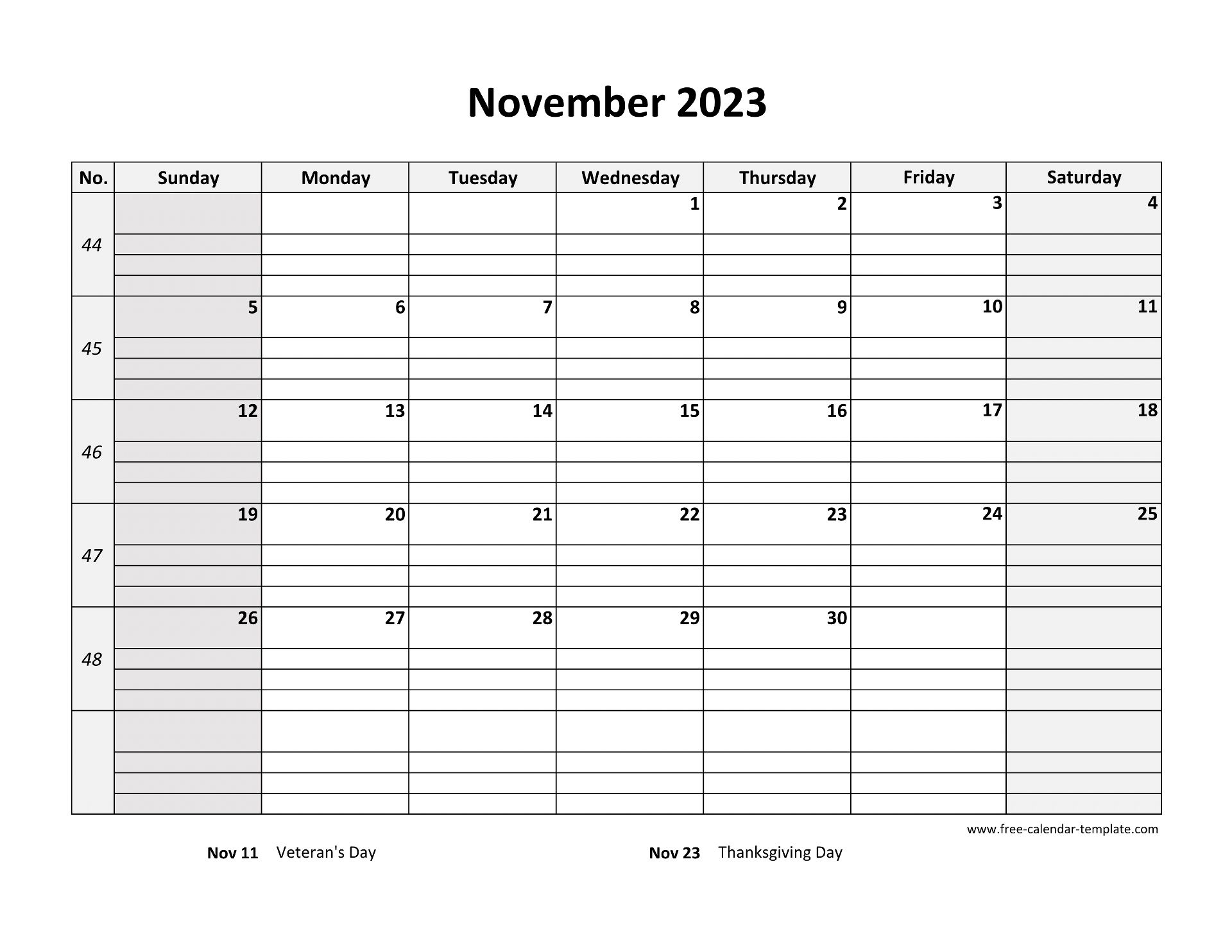 November 2023 Calendar Free Printable With Grid Lines Designed horizontal Free calendar template