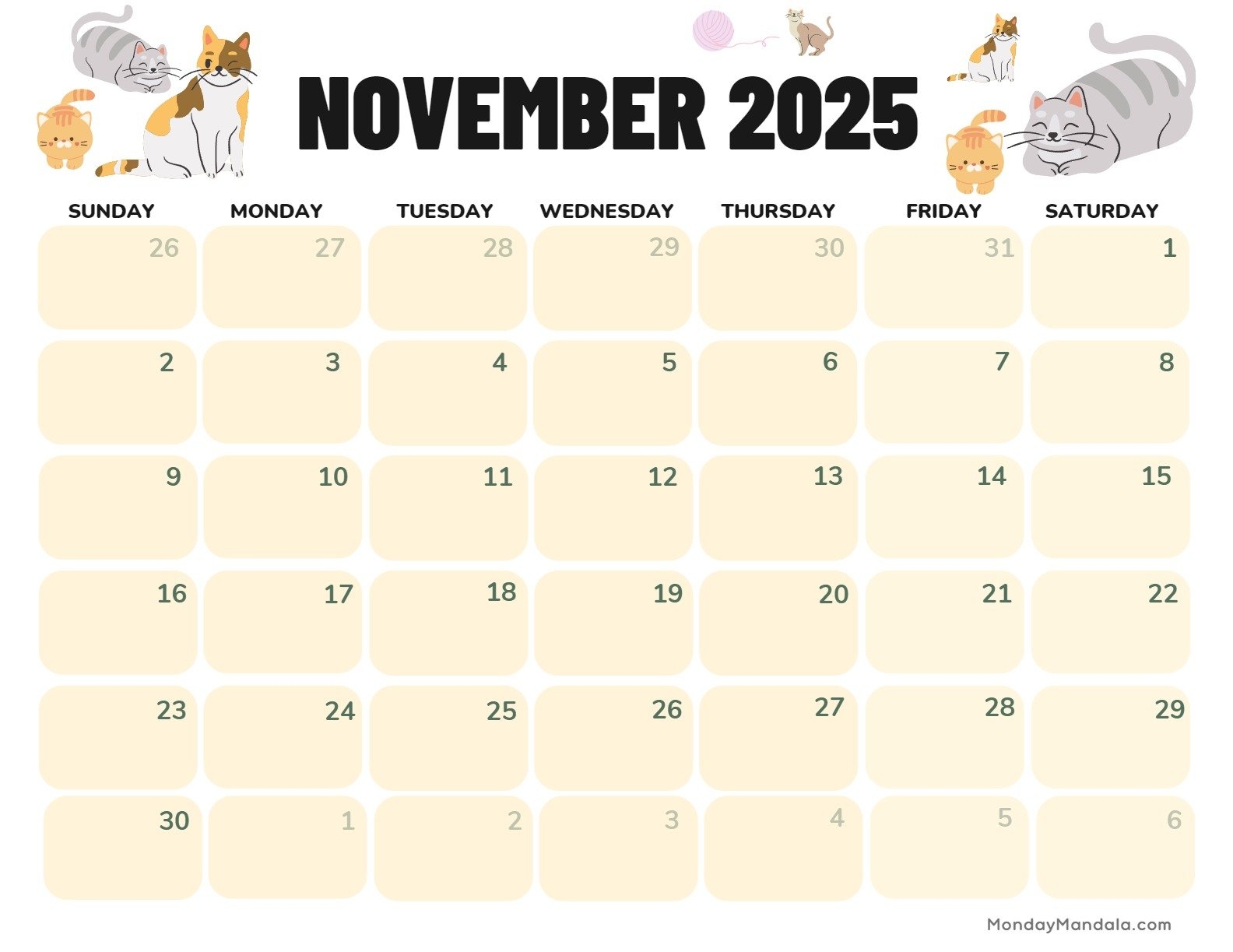 Printable Monthly Calendar November 2025