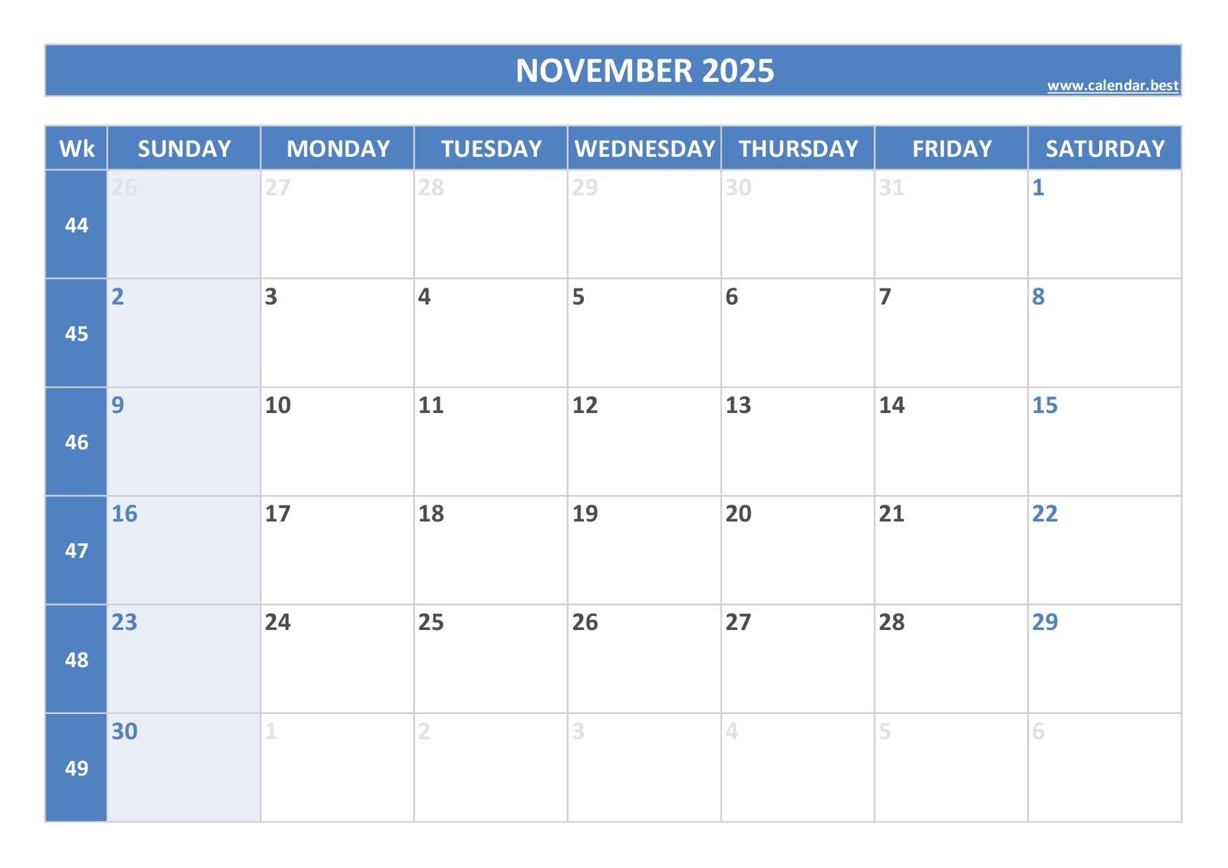 Monthly Calendar November 2025
