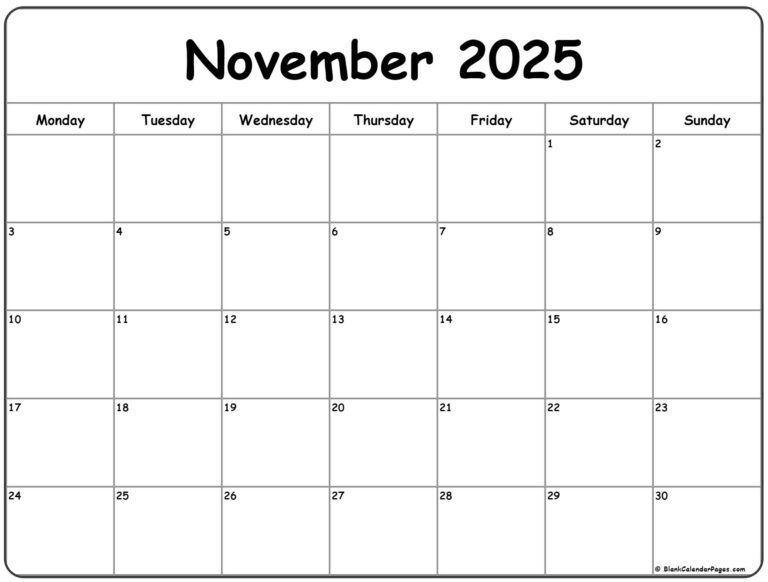 November 2025 Monday Calendar Monday To Sunday