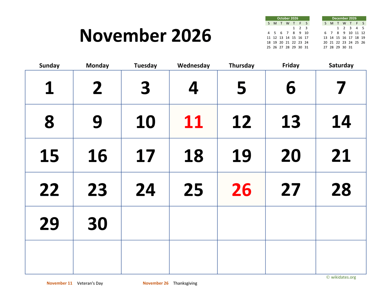 November 2026 Calendar With Extra large Dates WikiDates November 2026 Calendar With Extra large Dates WikiDates
