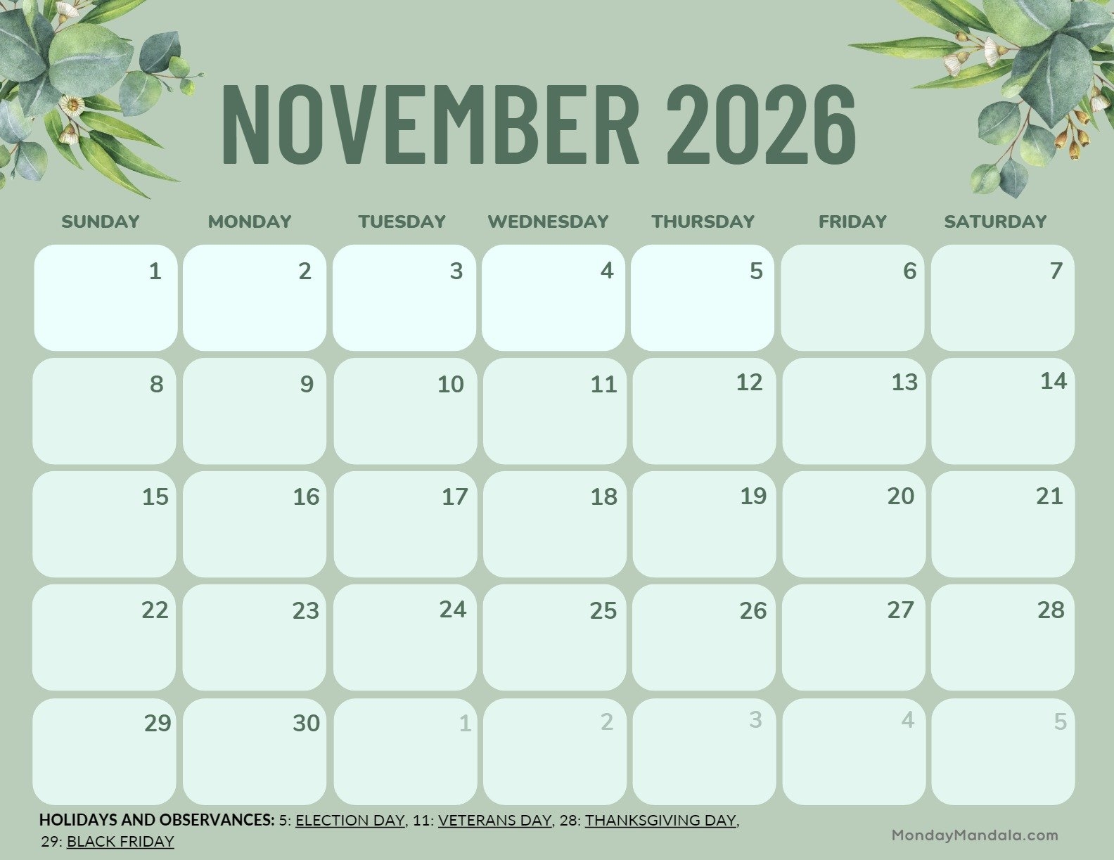 Printable Calendar For November 2026 Printable Calendar For November 2026