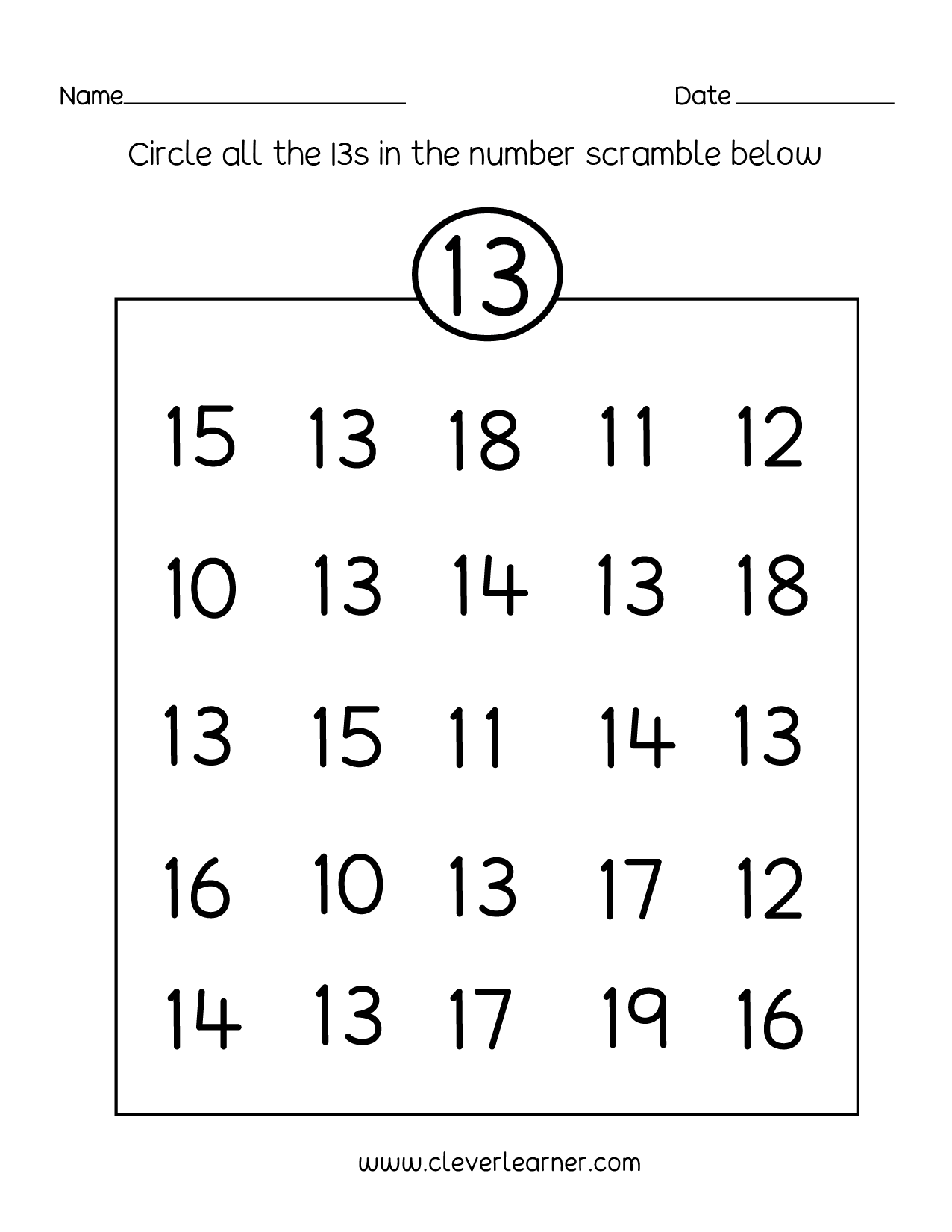 Number 13 Writing Counting And Identification Printable Worksheets For Children