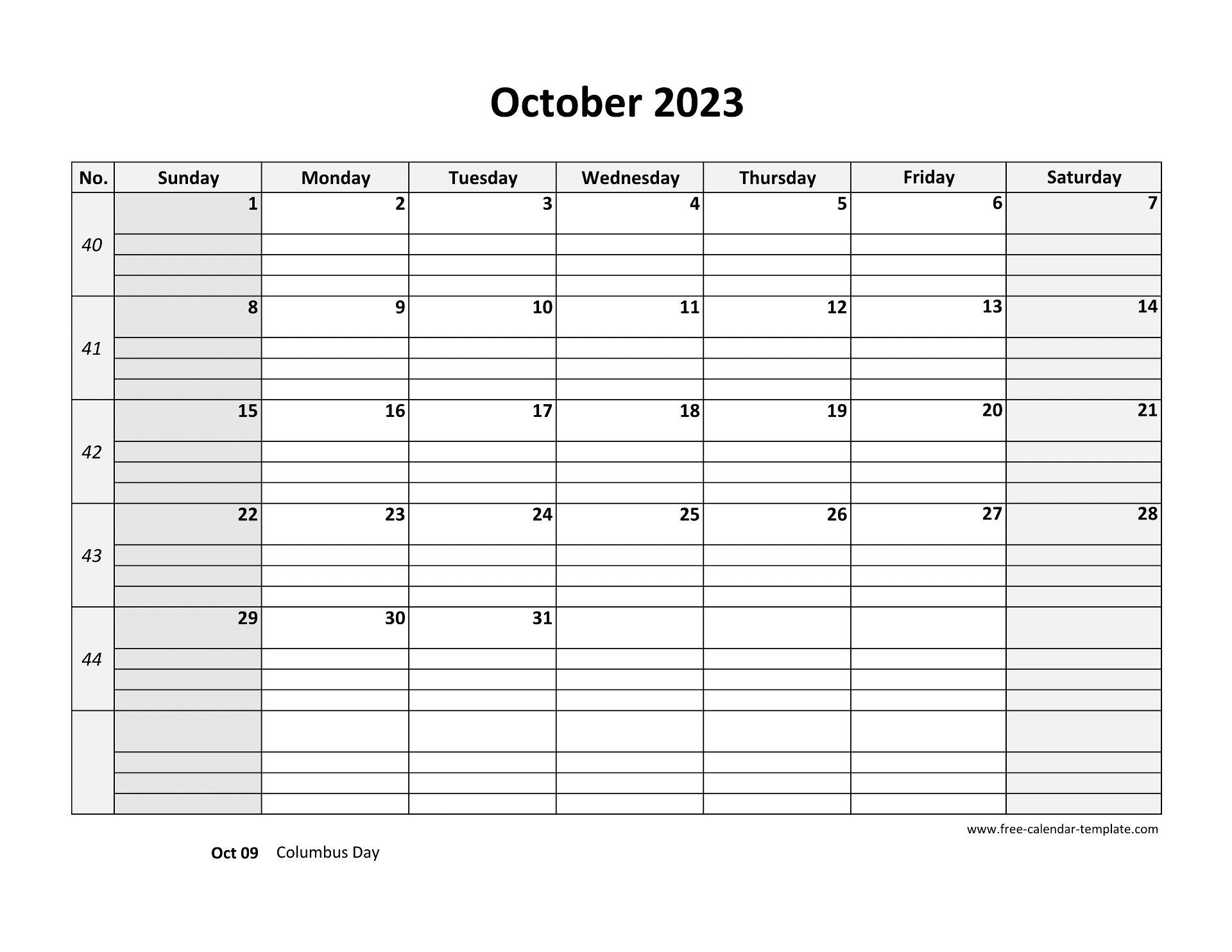 October 2023 Calendar Free Printable With Grid Lines Designed horizontal Free calendar template