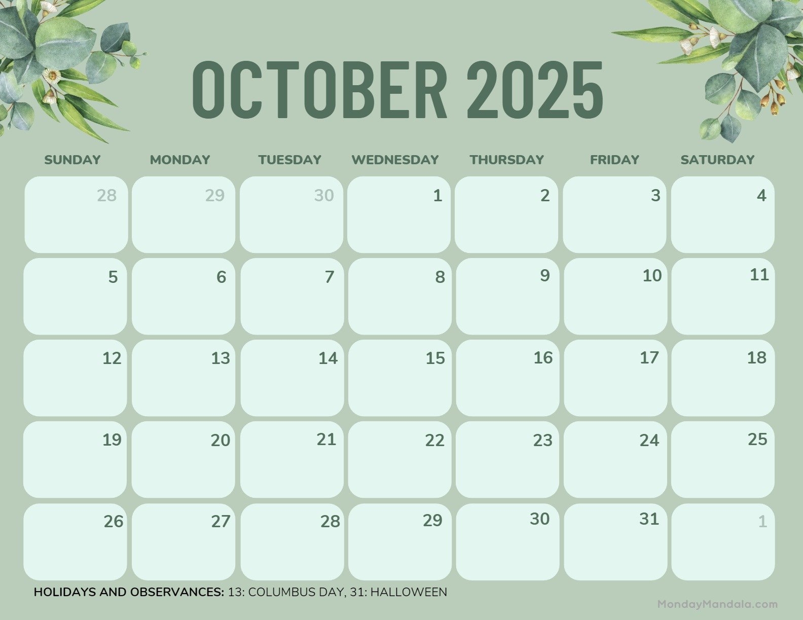 October Calendar 2025 Free Printable October Calendar 2025 Free Printable