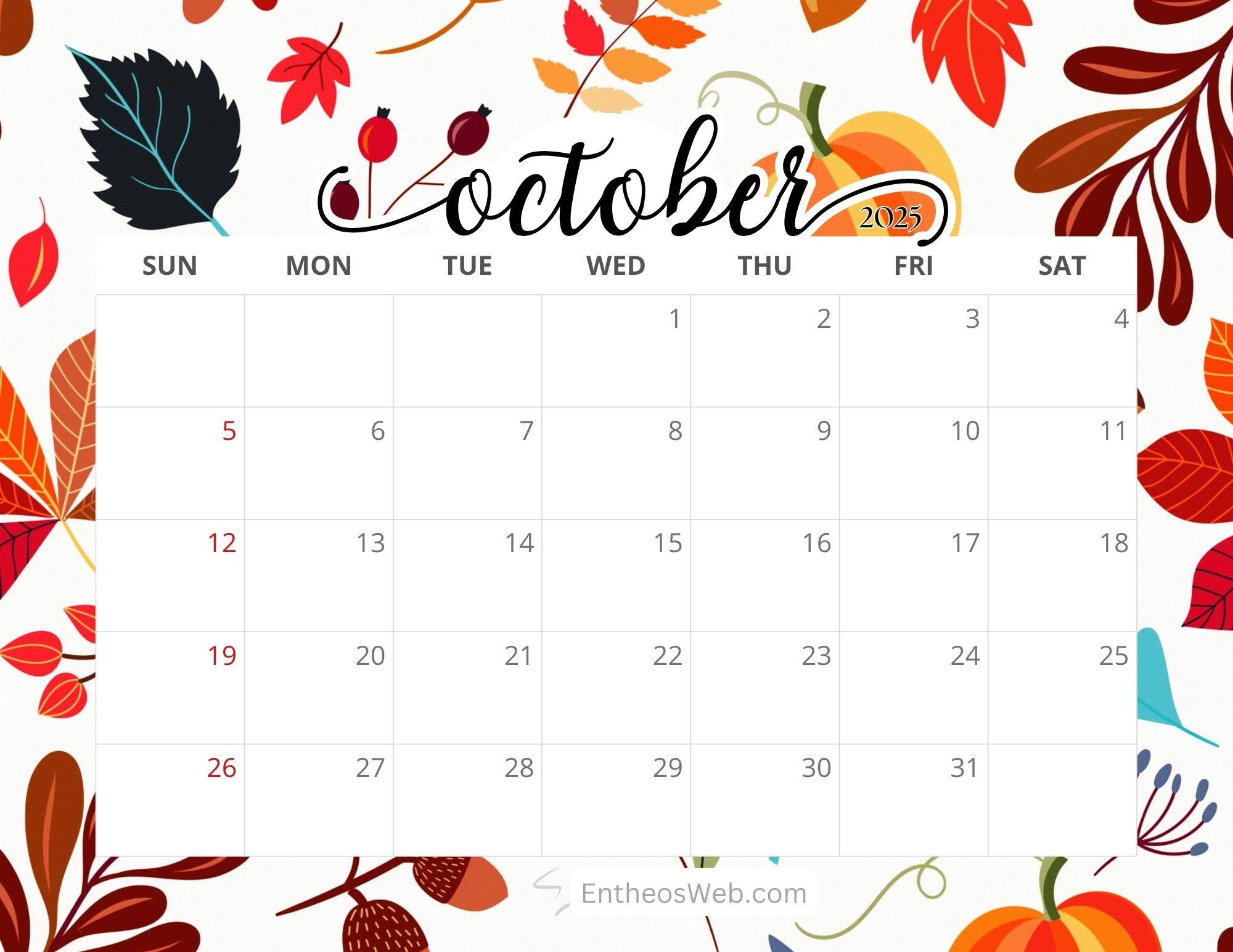 October 2025 Printable Calendar Free