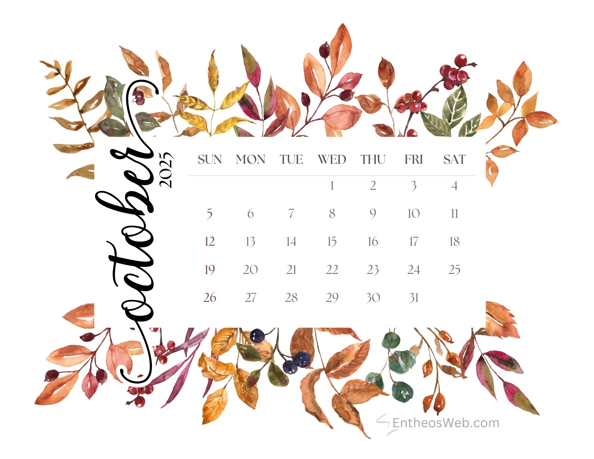 October 2025 Calendar Printables EntheosWeb