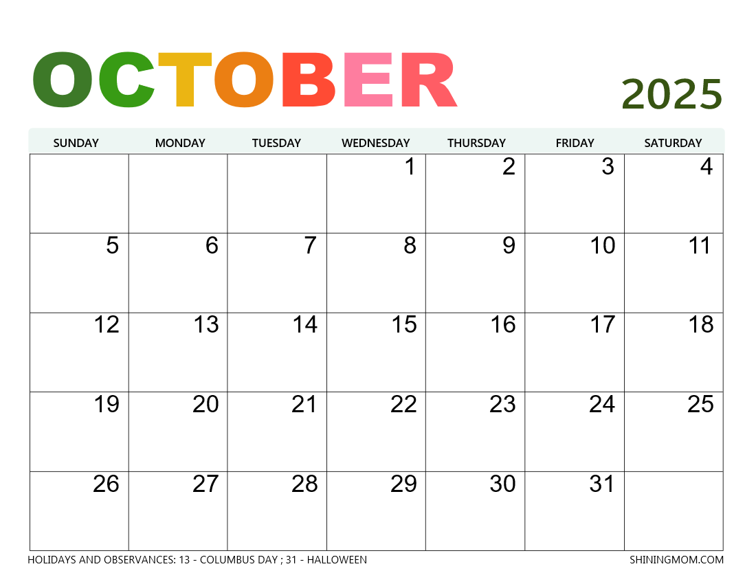 October 2025 Calendar With Holidays 45 Best Free Printables