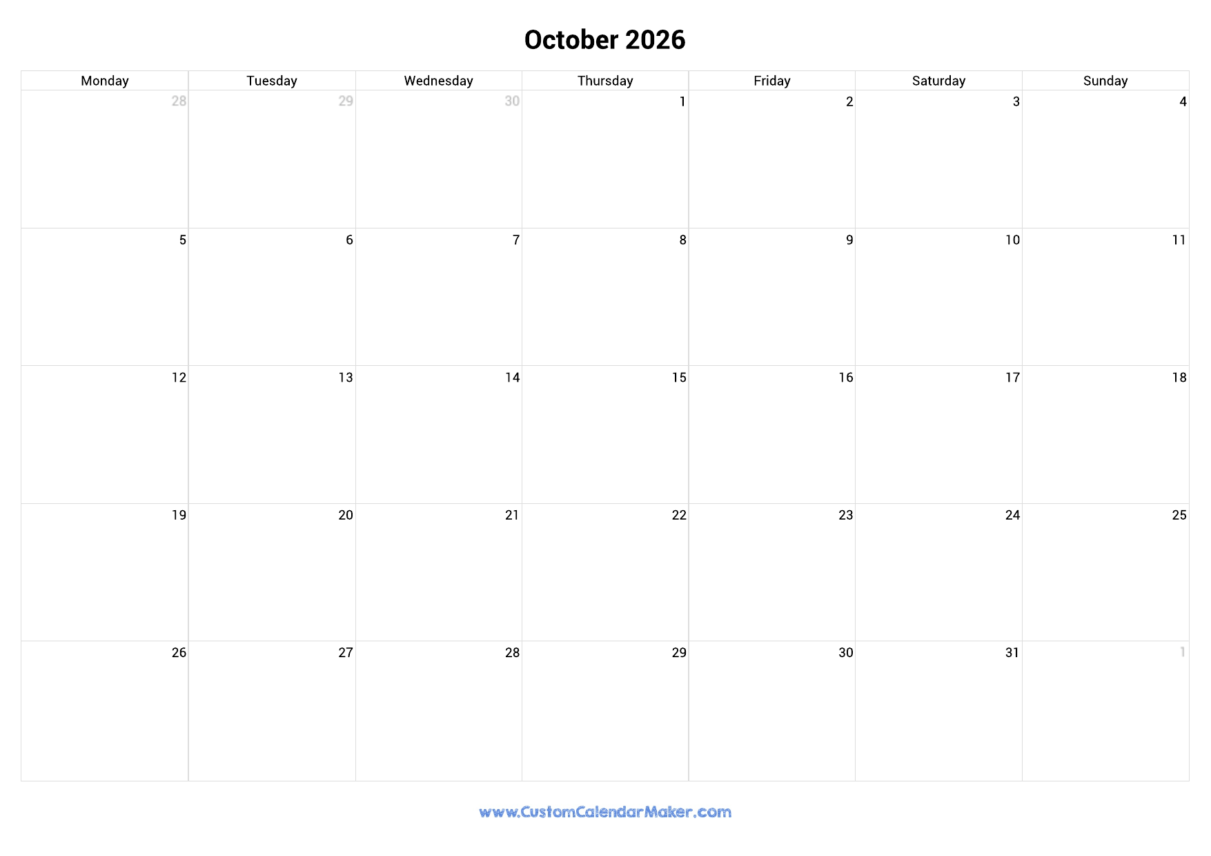 2026 Calendar Starting Monday Printable 2026 Calendar Starting Monday Printable