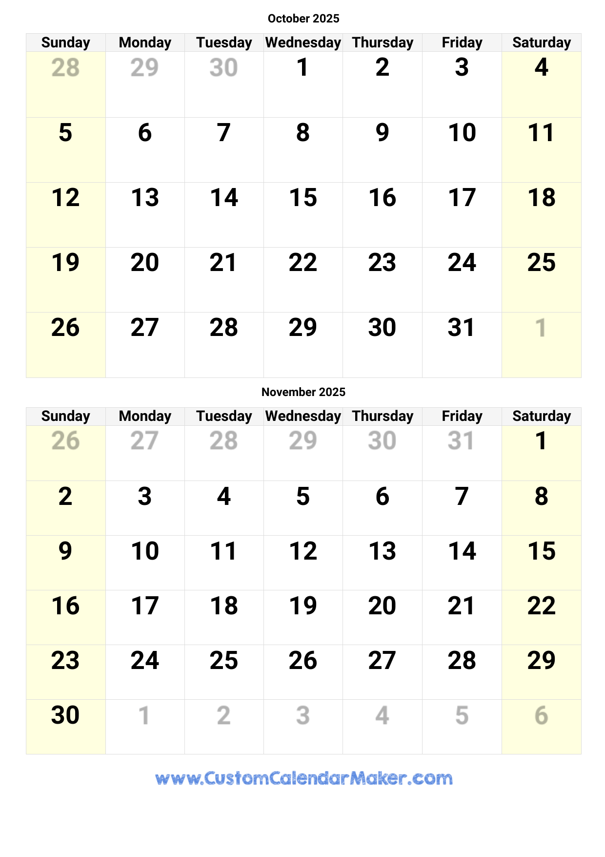 October And November 2025 Calendar Custom Calendar Maker