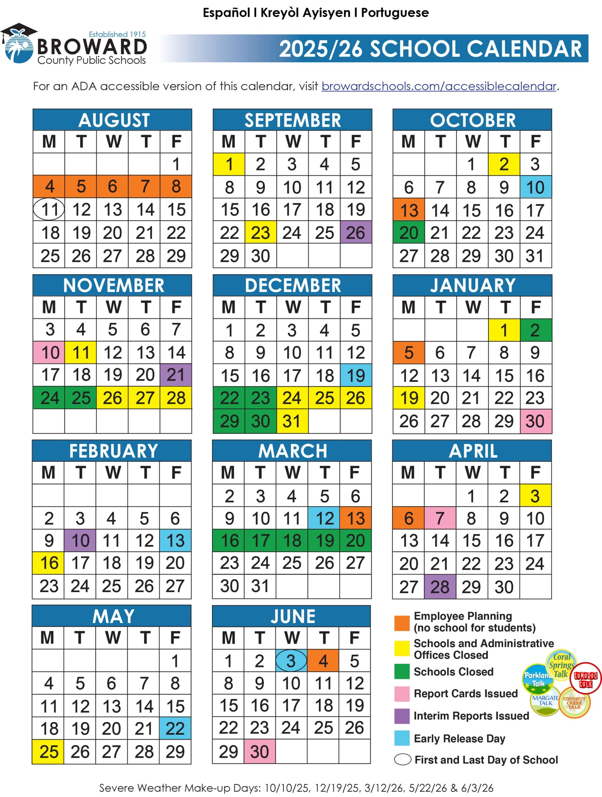 Official 2025 26 Broward County Public Schools Color Calendar 