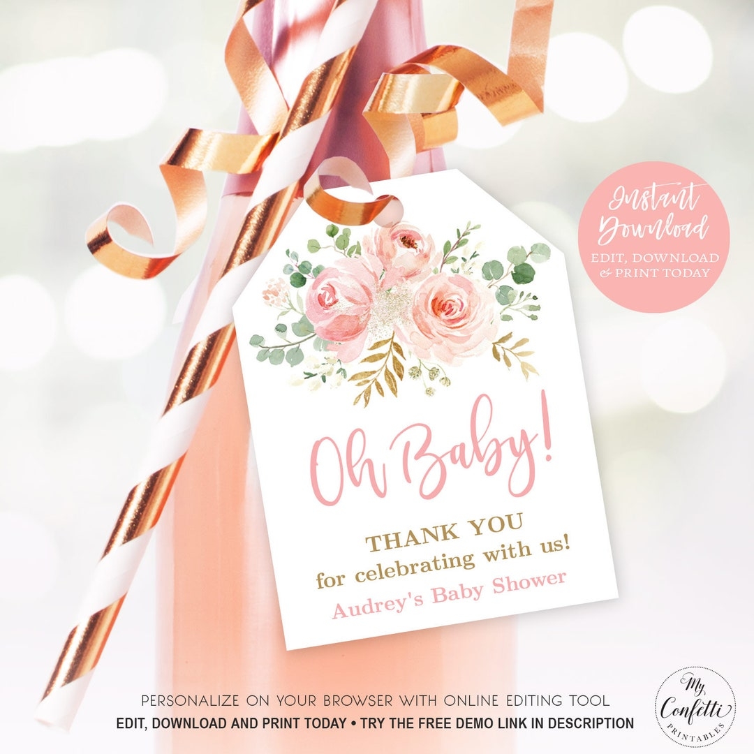 Oh Baby Favor Tags Printable Baby Shower Favor Tag Template Wine Or Champagne Gift Tag Girl Blush Pink Floral MCP820 CJB Etsy Canada