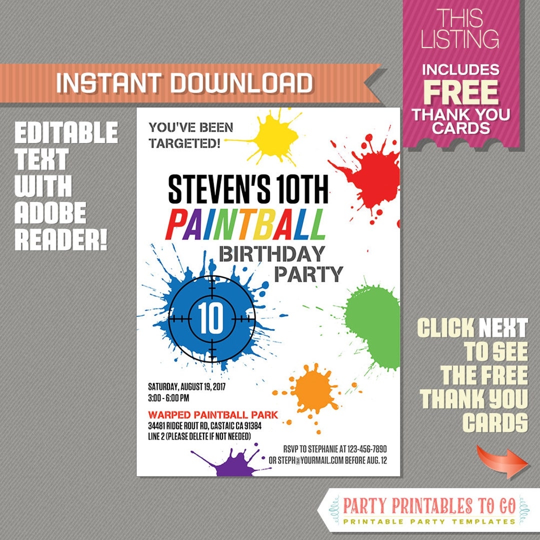 Paint Ball Invitation With FREE Thank You Card Paintball Party Instant Download Edit And Print At Home With Adobe Reader Etsy