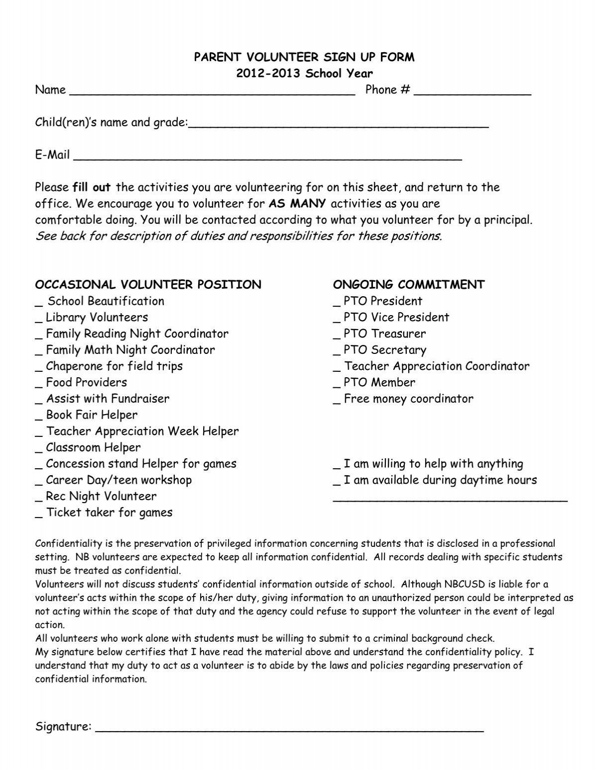 Parent Volunteer Form North Boone School District 200
