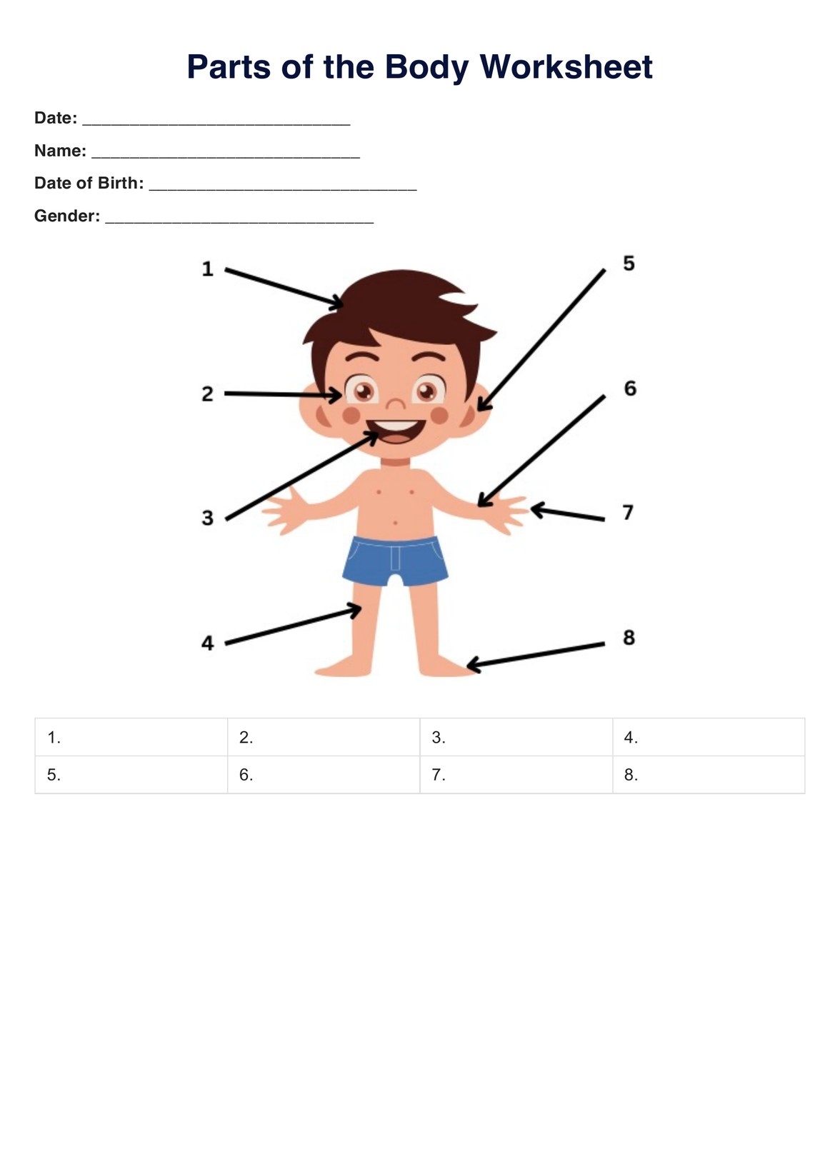 Parts Of The Body Worksheet Example Free PDF Download