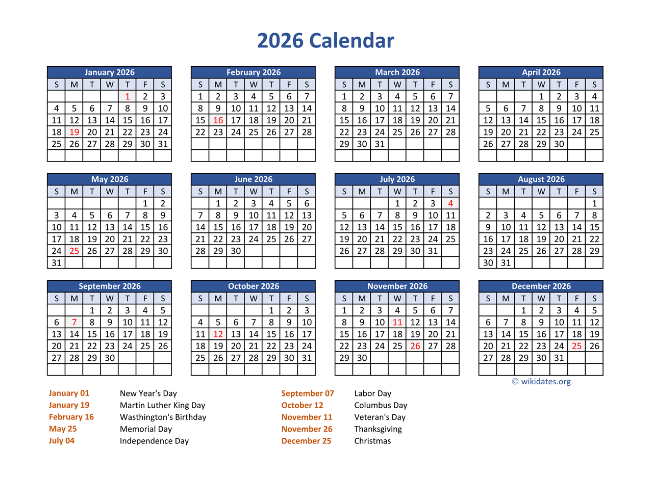 Printable Calendar 2026