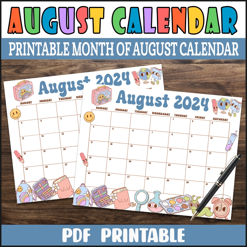 PDF Retro Classic Back To School Themed August 2024 Calendar Printable Vintage Planner Made By Teachers