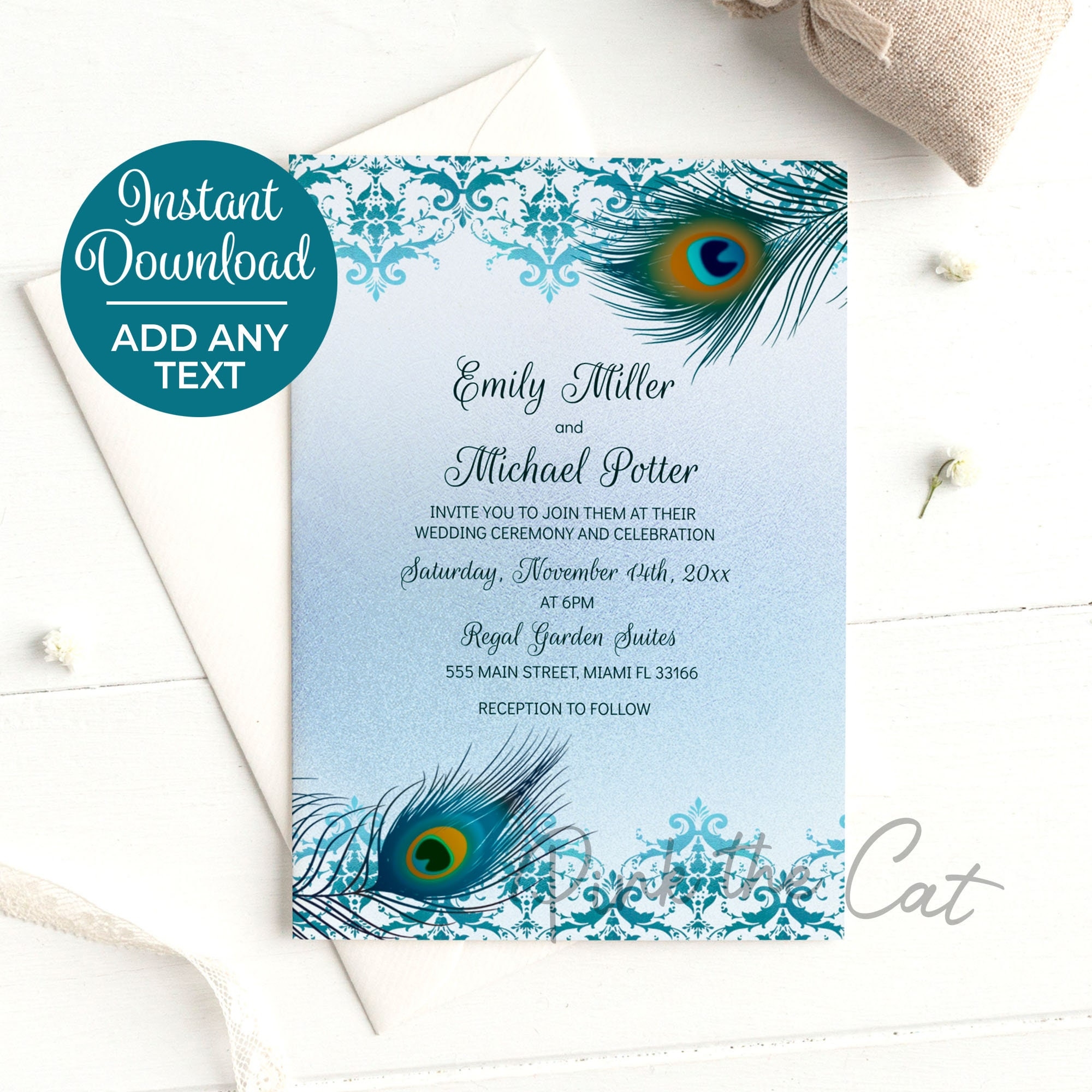 Peacock Wedding Invitation Teal Blue With Feathers And Ethnic