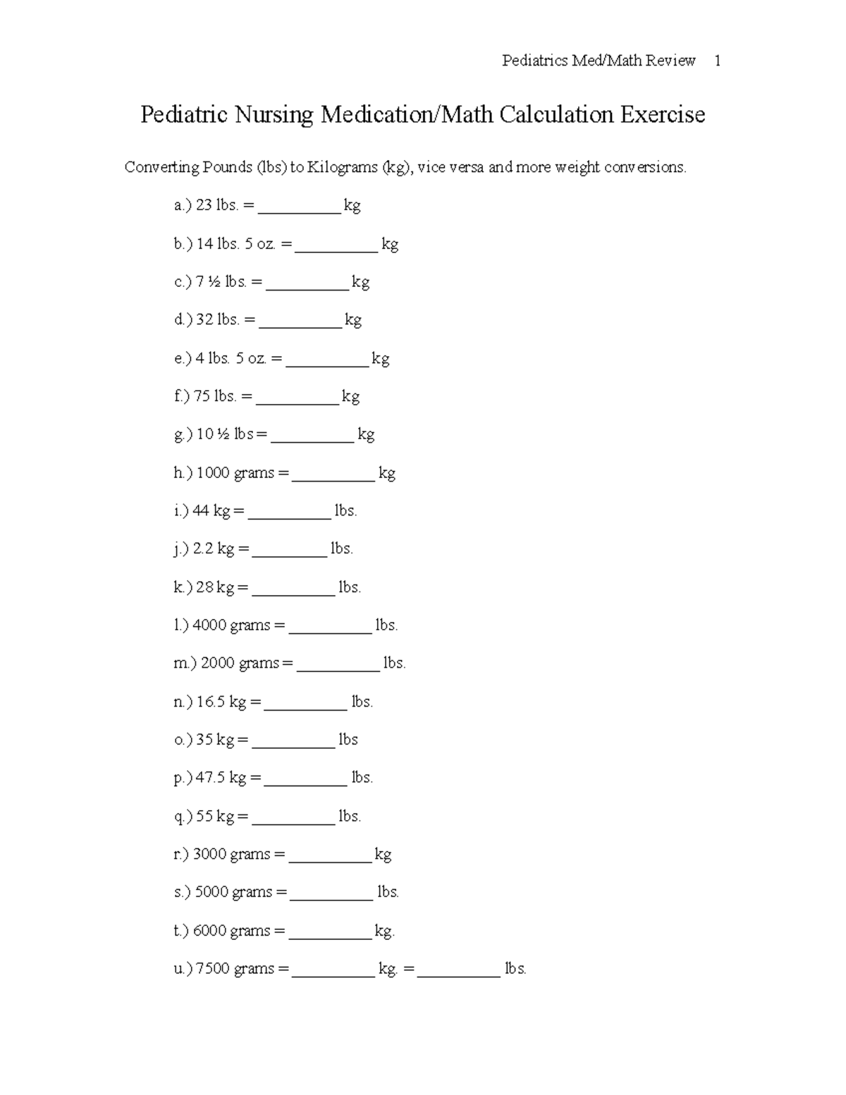 Pediatric Nursing Medication Math Calculation Worksheet Studocu