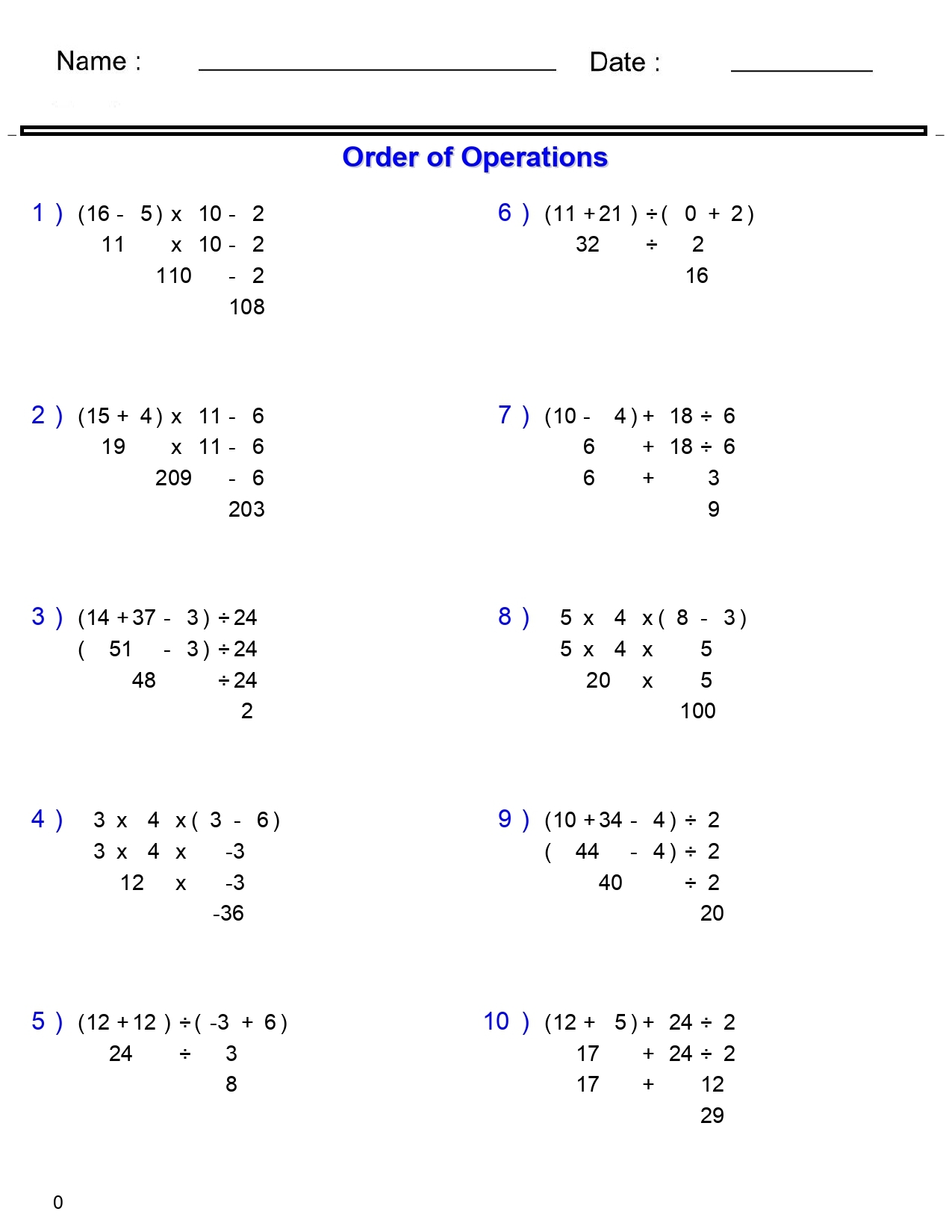 Printable Math Worksheets Order Of Operations