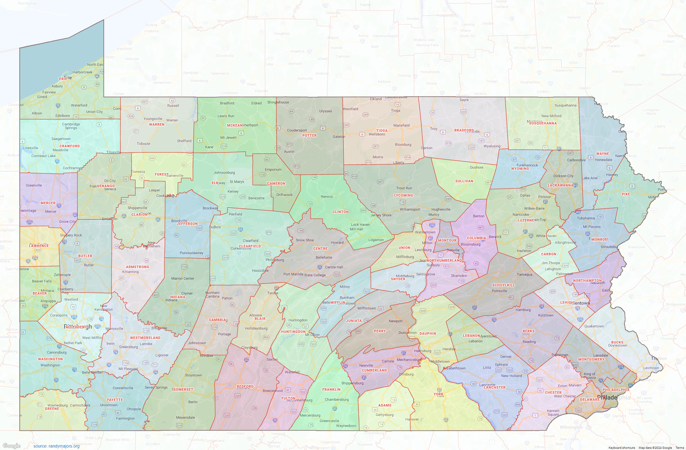 Pennsylvania County Map Shown On Google Maps