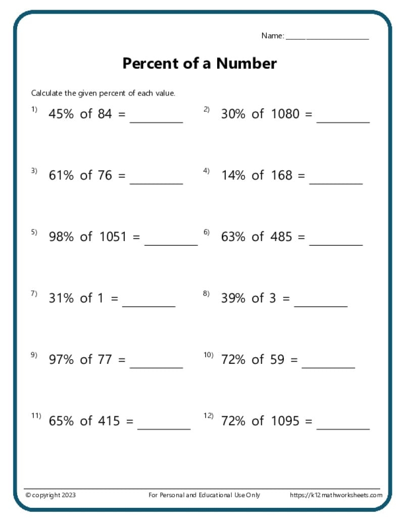Percent Of A Number Worksheets
