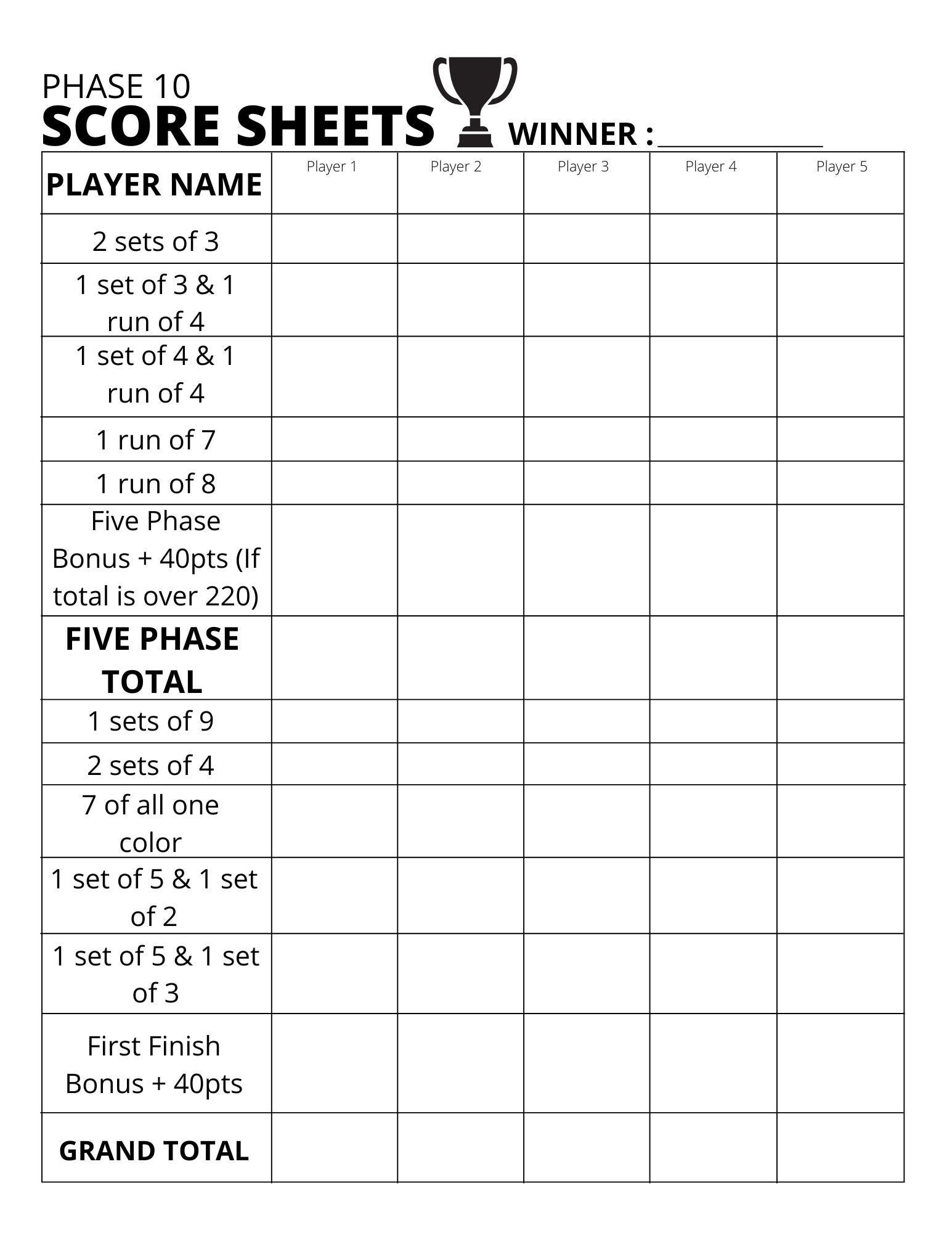 Phase 10 Scoreboard Score Sheet Printable PDF Etsy