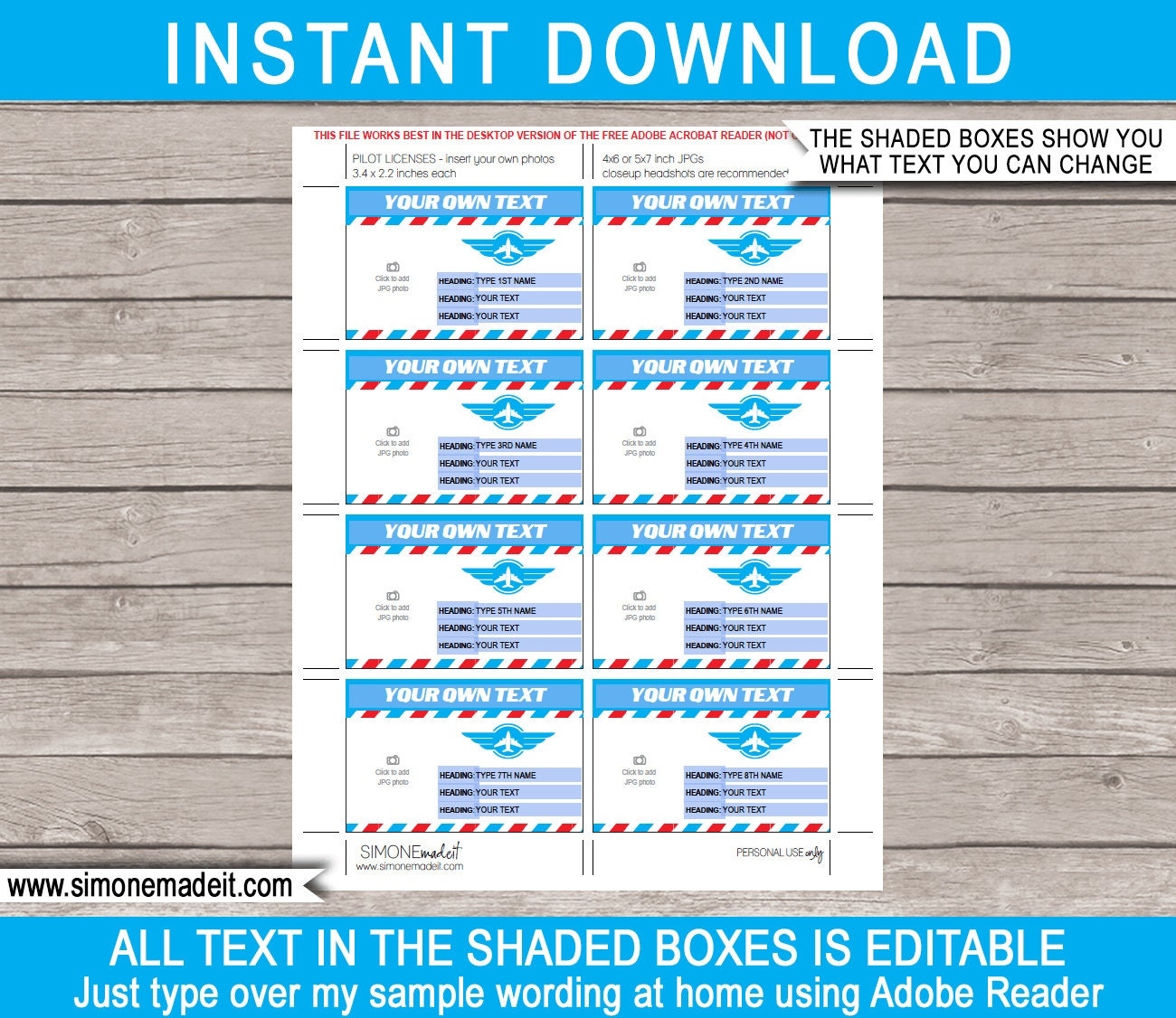 Pilot License Template Airplane Birthday Party Decorations Or Favors Printable Id Badge INSTANT DOWNLOAD With EDITABLE Text U0026 Photo Etsy