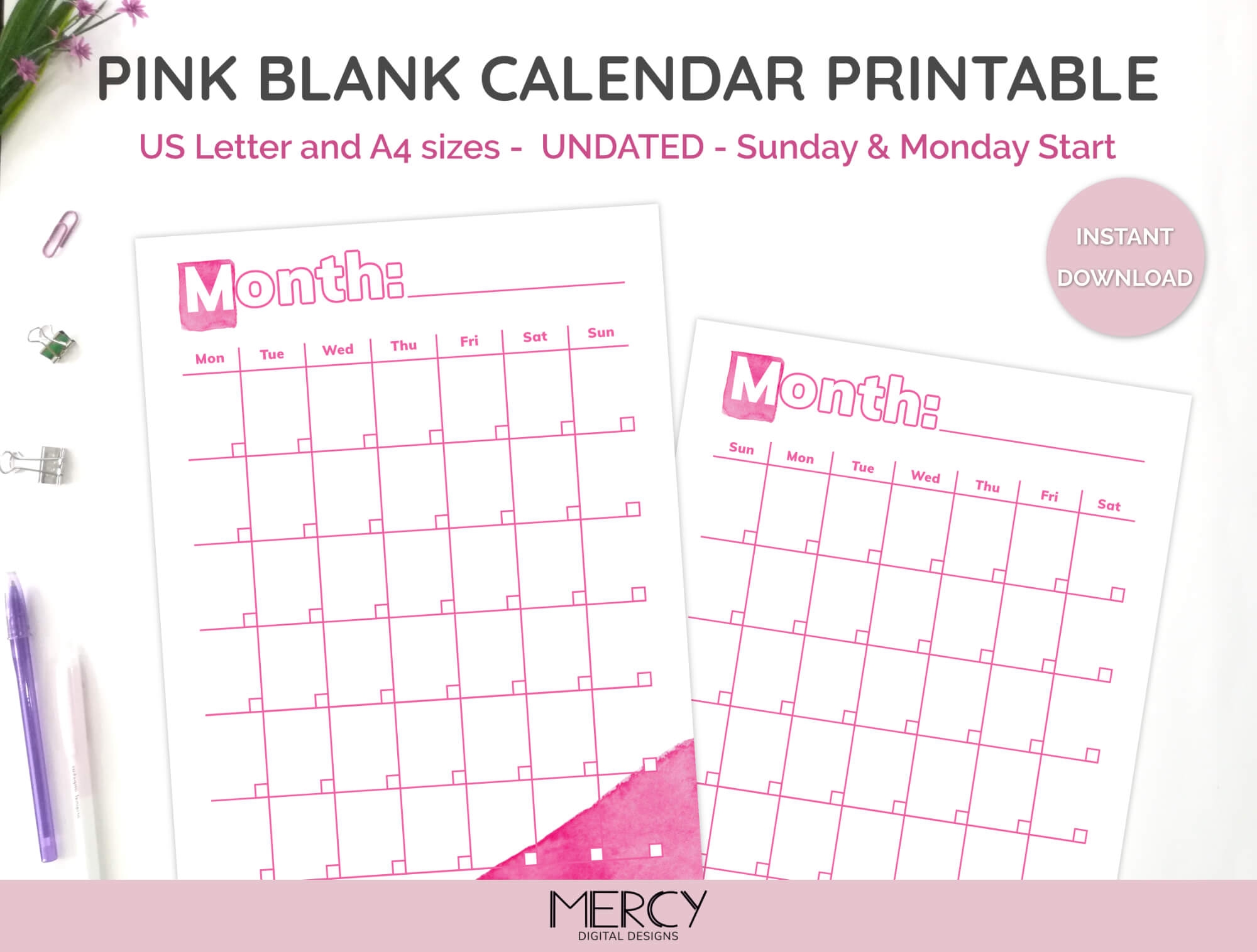 Pink Blank Calendar Printable A4 And US Letter Mercy Digital Designs